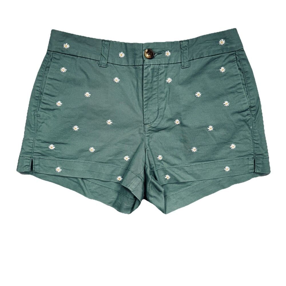 Old Navy Everyday Chino Shorts 0 (W28 Inseam 2.5) Green Embroidered Daisy Womens